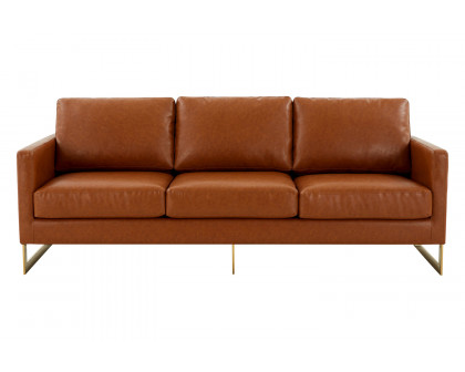 LeisureMod Lincoln Leather Sofa with Gold Frame - Cognac/Tan