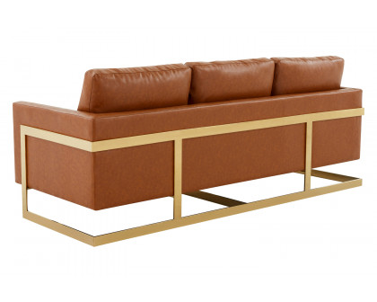 LeisureMod Lincoln Leather Sofa with Gold Frame - Cognac/Tan