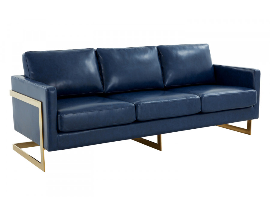 LeisureMod Lincoln Leather Sofa with Gold Frame - Navy Blue