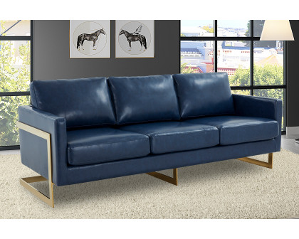 LeisureMod Lincoln Leather Sofa with Gold Frame - Navy Blue