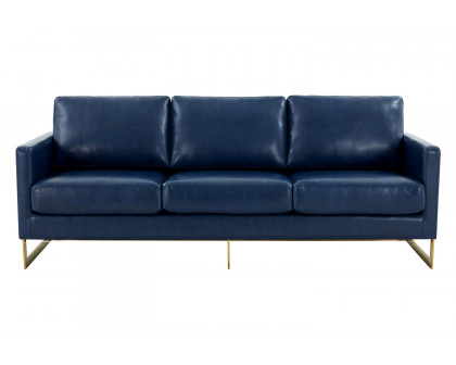 LeisureMod Lincoln Leather Sofa with Gold Frame - Navy Blue