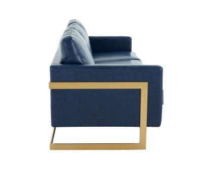 LeisureMod Lincoln Leather Sofa with Gold Frame - Navy Blue