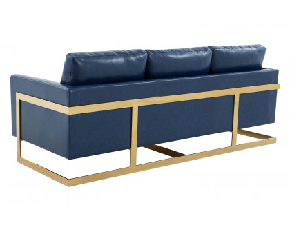 LeisureMod Lincoln Leather Sofa with Gold Frame - Navy Blue