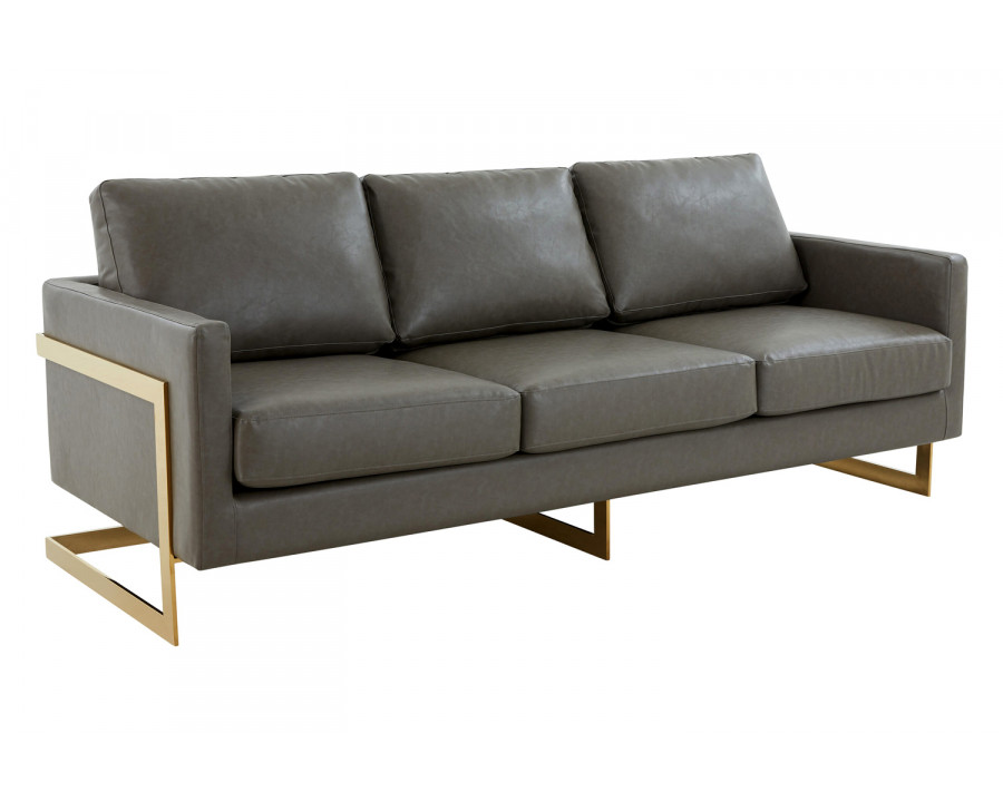 LeisureMod Lincoln Leather Sofa with Gold Frame - Gray