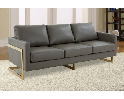 LeisureMod Lincoln Leather Sofa with Gold Frame - Gray