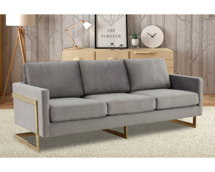 LeisureMod Lincoln Velvet Sofa with Gold Frame - Light Gray