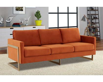 LeisureMod Lincoln Velvet Sofa with Gold Frame - Orange/Marmalade