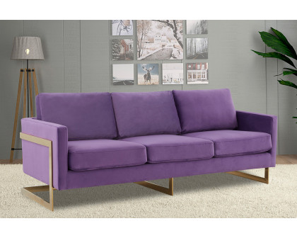 LeisureMod Lincoln Velvet Sofa with Gold Frame - Purple