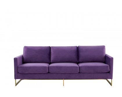 LeisureMod Lincoln Velvet Sofa with Gold Frame - Purple