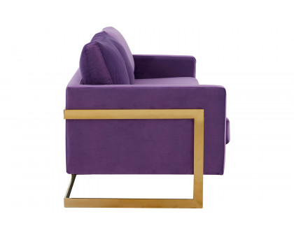 LeisureMod Lincoln Velvet Sofa with Gold Frame - Purple