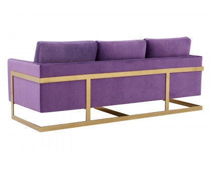 LeisureMod Lincoln Velvet Sofa with Gold Frame - Purple