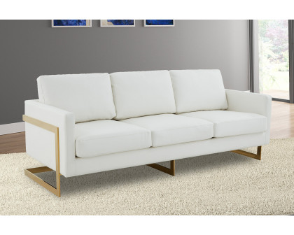 LeisureMod Lincoln Leather Sofa with Gold Frame - White