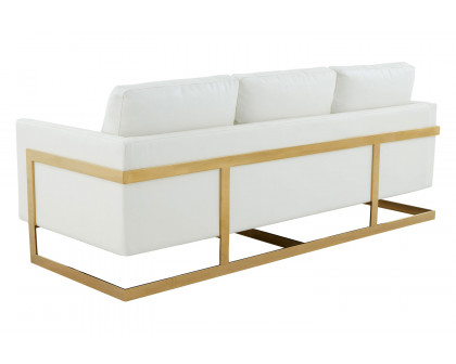 LeisureMod Lincoln Leather Sofa with Gold Frame - White