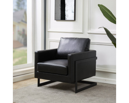 LeisureMod™ Lincoln Modern Leather Armchair with Black Steel Frame - Black