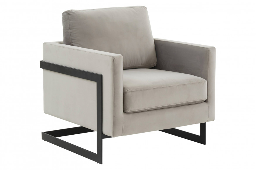 LeisureMod™ Lincoln Velvet Accent Armchair with Black Steel Frame - Light Gray