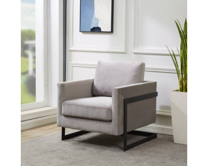 LeisureMod™ Lincoln Velvet Accent Armchair with Black Steel Frame - Light Gray