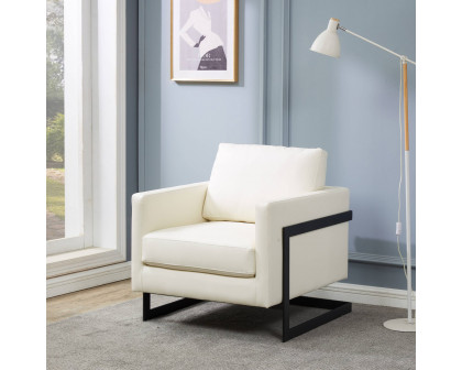 LeisureMod™ Lincoln Modern Leather Armchair with Black Steel Frame - White