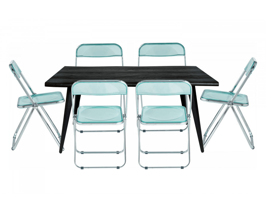 LeisureMod Lawrence 7-Piece Dining Set with Folding Acrylic Dining Chairs and Rectangular Wood Dining Table - Jade Green