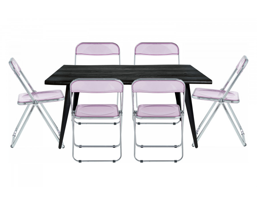 LeisureMod Lawrence 7-Piece Dining Set with Folding Acrylic Dining Chairs and Rectangular Wood Dining Table - Magenta