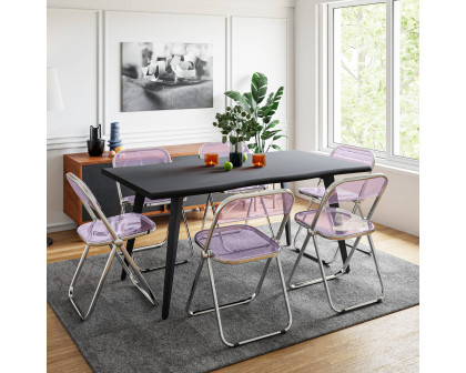 LeisureMod Lawrence 7-Piece Dining Set with Folding Acrylic Dining Chairs and Rectangular Wood Dining Table - Magenta