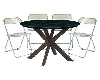 LeisureMod - Lawrence 5-Piece Dining Set with Folding Acrylic Dining Chairs and Round Dining Table with Geometric Base