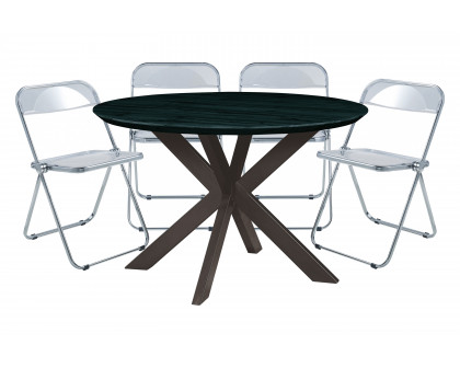 LeisureMod - Lawrence 5-Piece Dining Set with Folding Acrylic Dining Chairs and Round Dining Table with Geometric Base