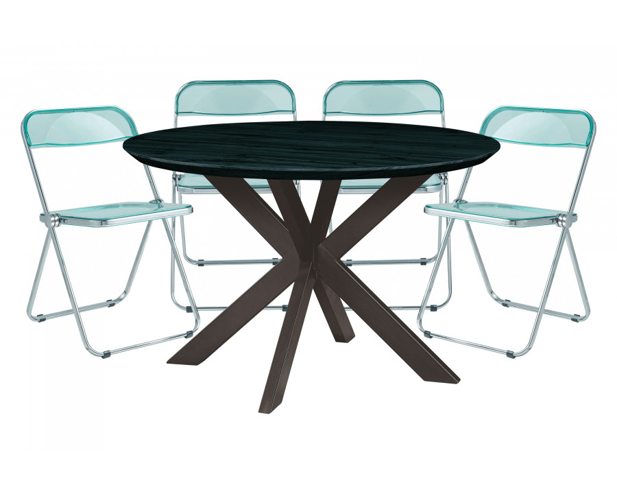 LeisureMod - Lawrence 5-Piece Dining Set with Folding Acrylic Dining Chairs and Round Dining Table with Geometric Base