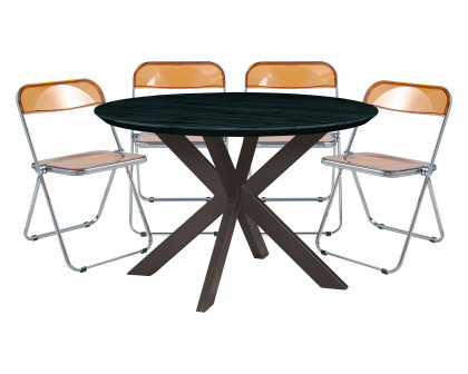 LeisureMod - Lawrence 5-Piece Dining Set with Folding Acrylic Dining Chairs and Round Dining Table with Geometric Base