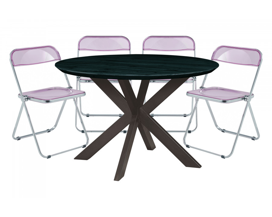 LeisureMod Lawrence 5-Piece Dining Set with Folding Acrylic Dining Chairs and Round Dining Table with Geometric Base - Magenta