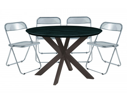 LeisureMod - Lawrence 5-Piece Dining Set with Folding Acrylic Dining Chairs and Round Dining Table with Geometric Base