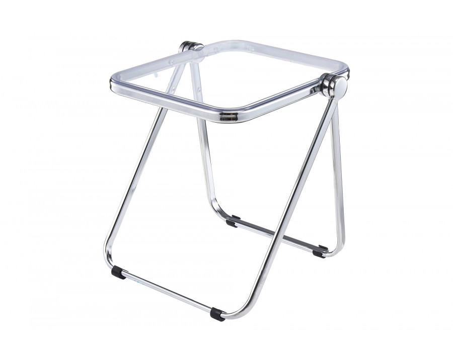 LeisureMod Lawrence Modern Rectangular Folding Side Table in Chrome Finish with Plastic Tabletop and Aluminum Frame - Clear