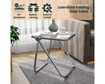 LeisureMod Lawrence Modern Rectangular Folding Side Table in Chrome Finish with Plastic Tabletop and Aluminum Frame - Clear