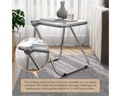 LeisureMod Lawrence Modern Rectangular Folding Side Table in Chrome Finish with Plastic Tabletop and Aluminum Frame - Clear