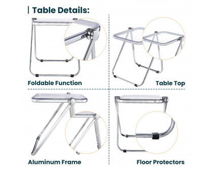 LeisureMod Lawrence Modern Rectangular Folding Side Table in Chrome Finish with Plastic Tabletop and Aluminum Frame - Clear