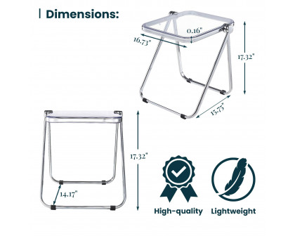 LeisureMod Lawrence Modern Rectangular Folding Side Table in Chrome Finish with Plastic Tabletop and Aluminum Frame - Clear