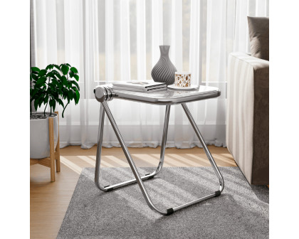 LeisureMod Lawrence Modern Rectangular Folding Side Table in Chrome Finish with Plastic Tabletop and Aluminum Frame - Clear