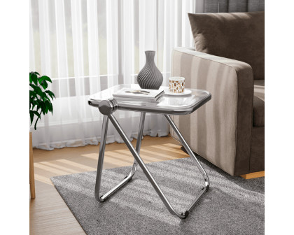 LeisureMod Lawrence Modern Rectangular Folding Side Table in Chrome Finish with Plastic Tabletop and Aluminum Frame - Clear