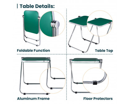 LeisureMod Lawrence Modern Rectangular Folding Side Table in Chrome Finish with Plastic Tabletop and Aluminum Frame - Green