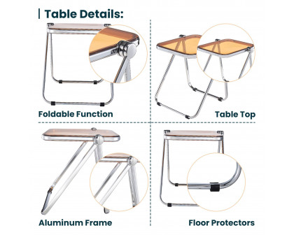 LeisureMod Lawrence Modern Rectangular Folding Side Table in Chrome Finish with Plastic Tabletop and Aluminum Frame - Orange