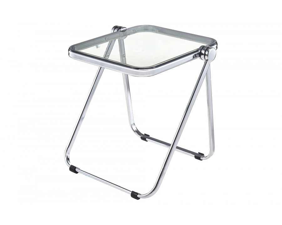 LeisureMod Lawrence Modern Rectangular Folding Side Table in Chrome Finish with Plastic Tabletop and Aluminum Frame - Transparent Black