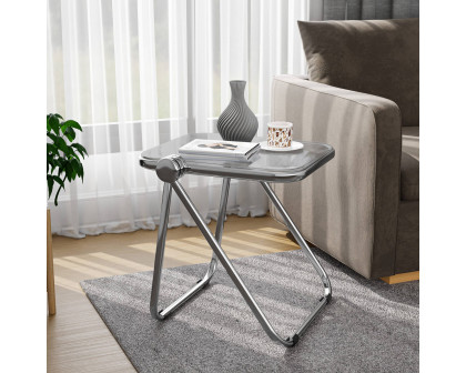 LeisureMod Lawrence Modern Rectangular Folding Side Table in Chrome Finish with Plastic Tabletop and Aluminum Frame - Transparent Black