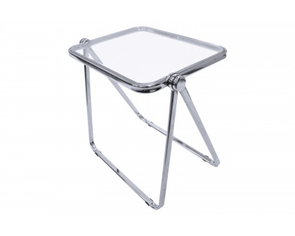 LeisureMod Lawrence Mid-Century Modern Square Folding End Table with Plastic Top and Iron Frame - Clear