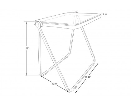 LeisureMod Lawrence Mid-Century Modern Square Folding End Table with Plastic Top and Iron Frame - Clear