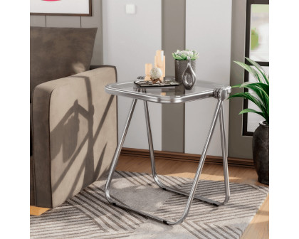 LeisureMod Lawrence Mid-Century Modern Square Folding End Table with Plastic Top and Iron Frame - Transparent Black