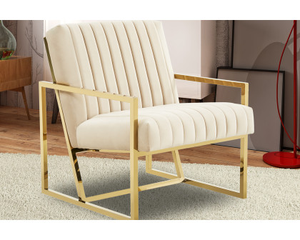 LeisureMod Montgomery Velvet Pinstripe Design Accent Armchair with Gold Frame - Beige