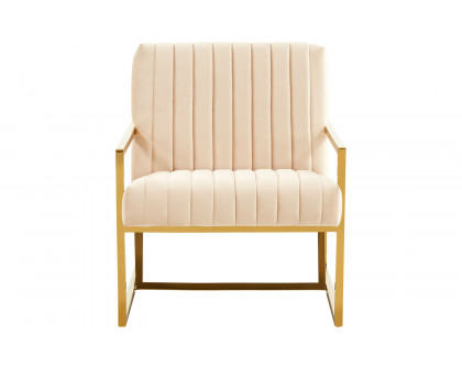 LeisureMod Montgomery Velvet Pinstripe Design Accent Armchair with Gold Frame - Beige