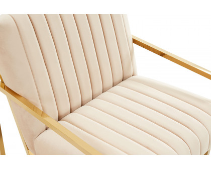 LeisureMod Montgomery Velvet Pinstripe Design Accent Armchair with Gold Frame - Beige