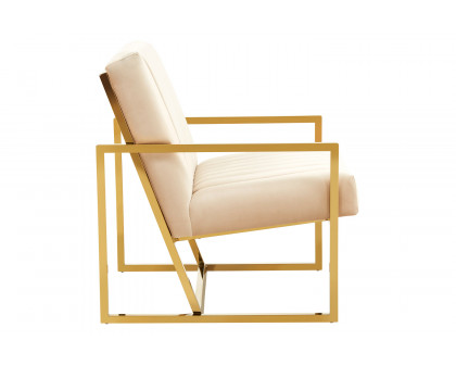 LeisureMod Montgomery Velvet Pinstripe Design Accent Armchair with Gold Frame - Beige