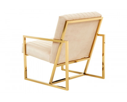 LeisureMod Montgomery Velvet Pinstripe Design Accent Armchair with Gold Frame - Beige