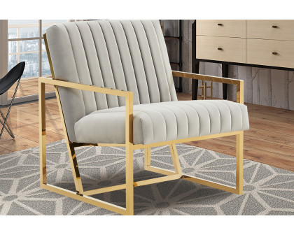 LeisureMod Montgomery Velvet Pinstripe Design Accent Armchair with Gold Frame - Light Gray